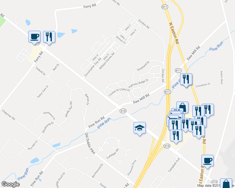 map of restaurants, bars, coffee shops, grocery stores, and more near 3629 Nancy Ward Circle in Doylestown