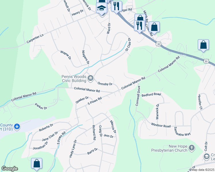 map of restaurants, bars, coffee shops, grocery stores, and more near 13608 Ormsby Drive in Irwin