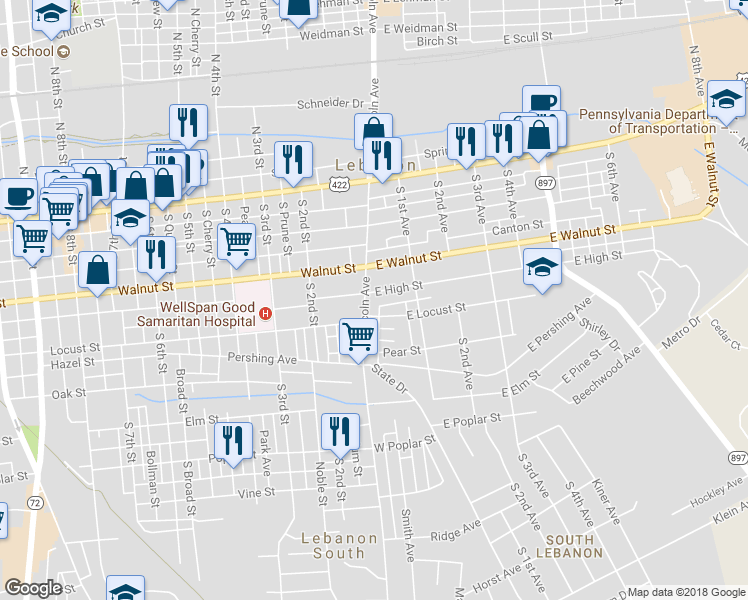 map of restaurants, bars, coffee shops, grocery stores, and more near 2 East High Street in Lebanon