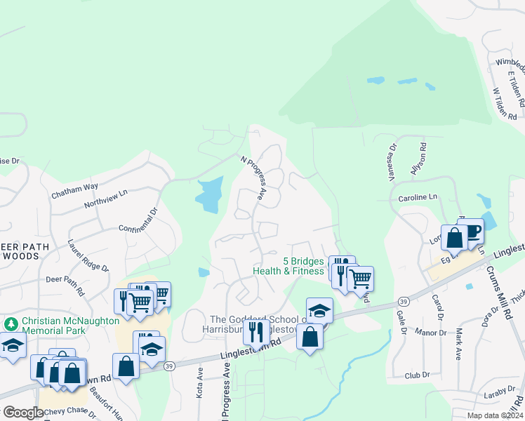 map of restaurants, bars, coffee shops, grocery stores, and more near 206 Saddle Ridge Drive in Harrisburg