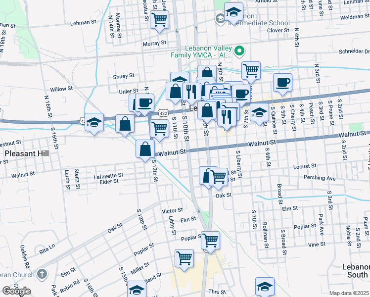 map of restaurants, bars, coffee shops, grocery stores, and more near 135 South 10th Street in Lebanon
