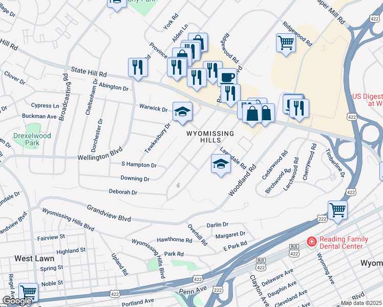 map of restaurants, bars, coffee shops, grocery stores, and more near 38 Wingert Rd in Reading
