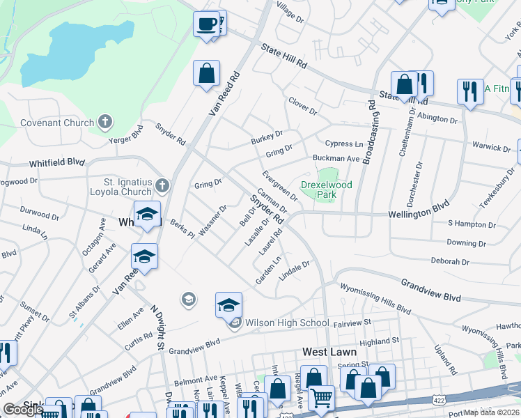 map of restaurants, bars, coffee shops, grocery stores, and more near 2302 Bell Drive in West Lawn