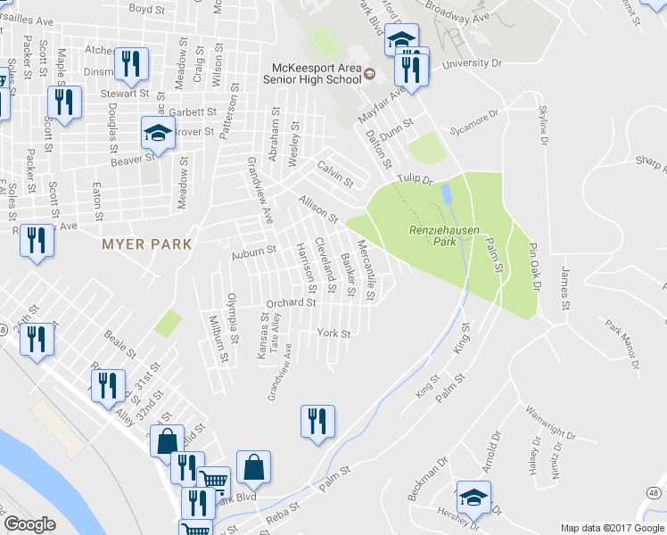 map of restaurants, bars, coffee shops, grocery stores, and more near 2409 Cleveland St in McKeesport