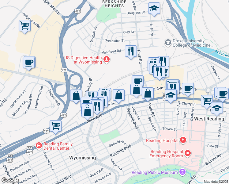 map of restaurants, bars, coffee shops, grocery stores, and more near 1037 Bern Road in Wyomissing