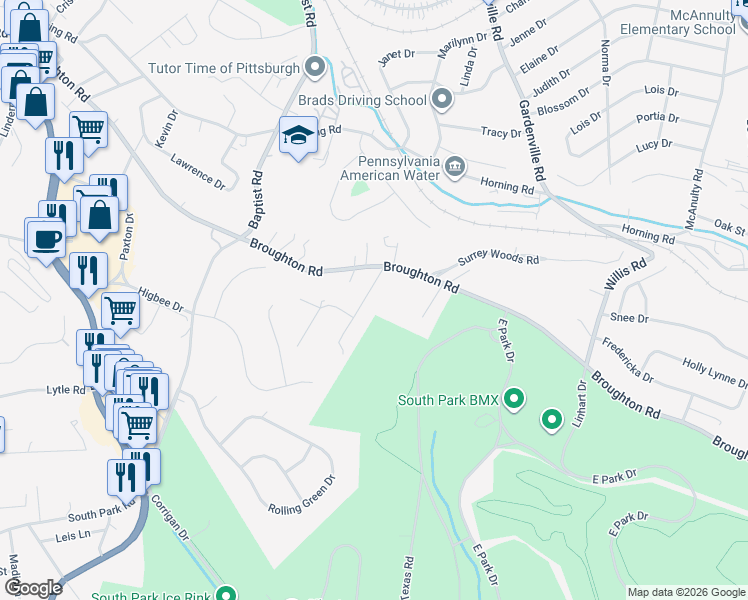 map of restaurants, bars, coffee shops, grocery stores, and more near 7123 Sansue Drive in Bethel Park