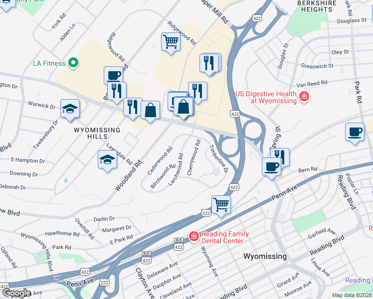 map of restaurants, bars, coffee shops, grocery stores, and more near 8 Larchwood Road in Wyomissing