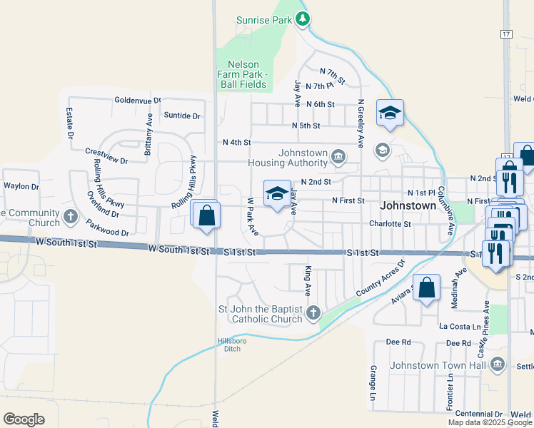 map of restaurants, bars, coffee shops, grocery stores, and more near 2 Jay Avenue in Johnstown