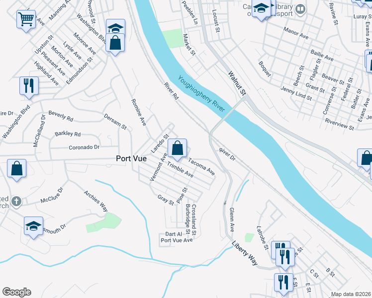 map of restaurants, bars, coffee shops, grocery stores, and more near 544 Rankin Street in McKeesport