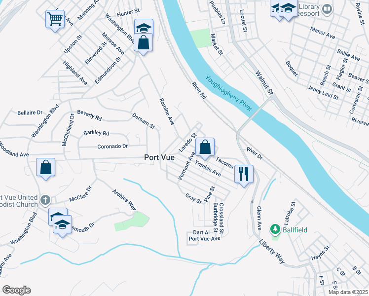 map of restaurants, bars, coffee shops, grocery stores, and more near 305 Laredo Street in McKeesport