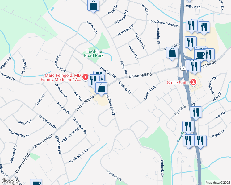 map of restaurants, bars, coffee shops, grocery stores, and more near 6 Oldwyck Court in Manalapan Township