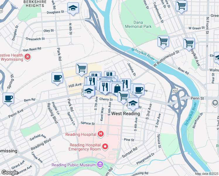 map of restaurants, bars, coffee shops, grocery stores, and more near 28 N 6th Ave in West Reading