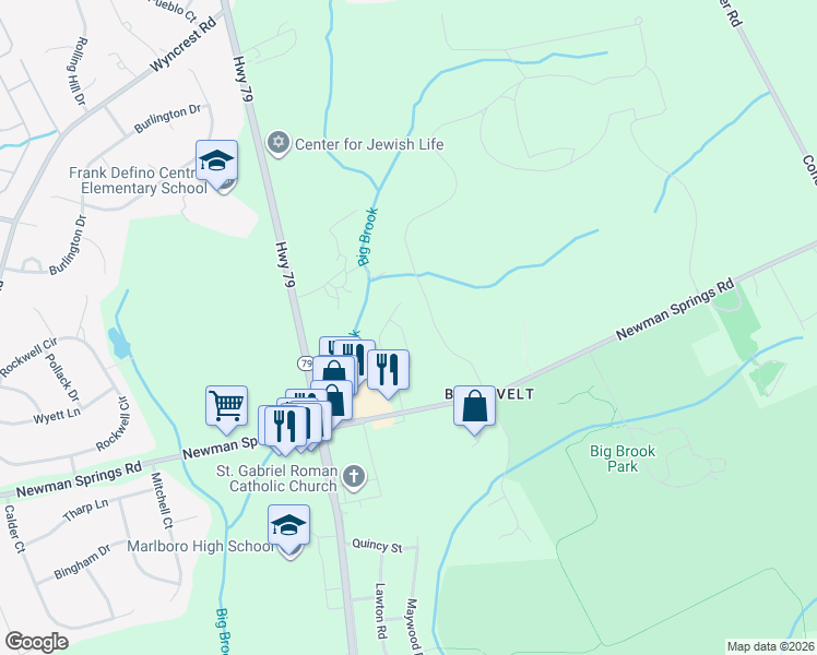 map of restaurants, bars, coffee shops, grocery stores, and more near 23 Egret Lane in Marlboro