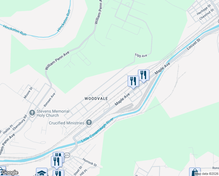 map of restaurants, bars, coffee shops, grocery stores, and more near 500-598 Woodvale Avenue in Johnstown