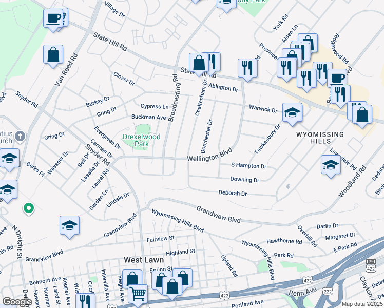 map of restaurants, bars, coffee shops, grocery stores, and more near 88 Wellington Boulevard in Reading