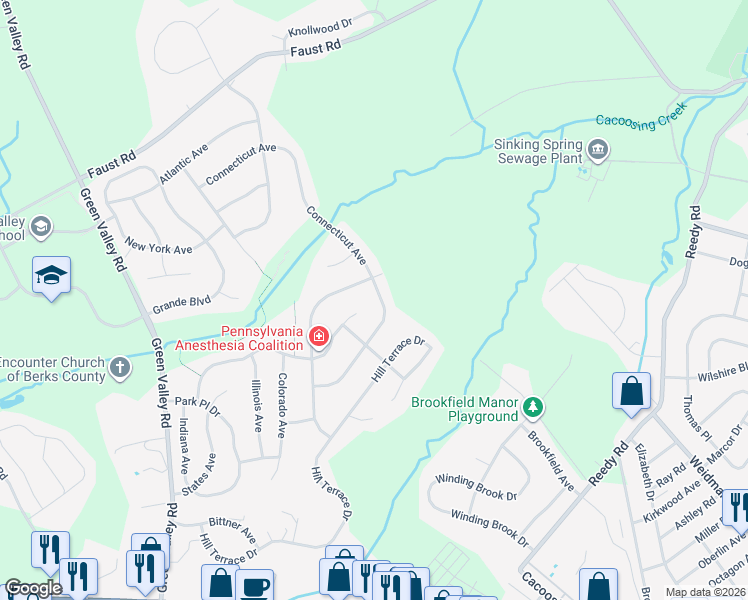 map of restaurants, bars, coffee shops, grocery stores, and more near 60 Connecticut Avenue in Sinking Spring