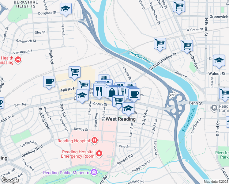 map of restaurants, bars, coffee shops, grocery stores, and more near 525 Penn Avenue in West Reading