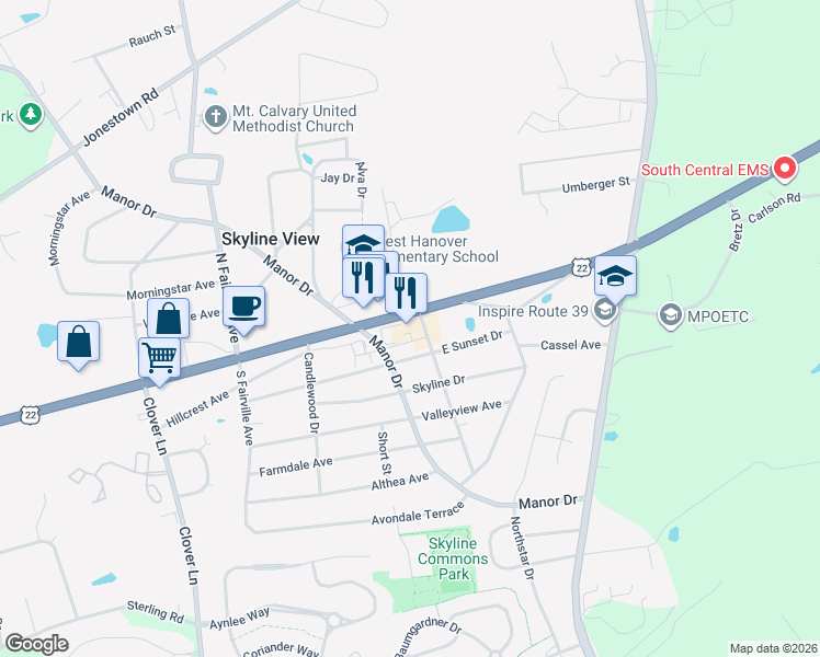 map of restaurants, bars, coffee shops, grocery stores, and more near 7839 Allentown Boulevard in Skyline View