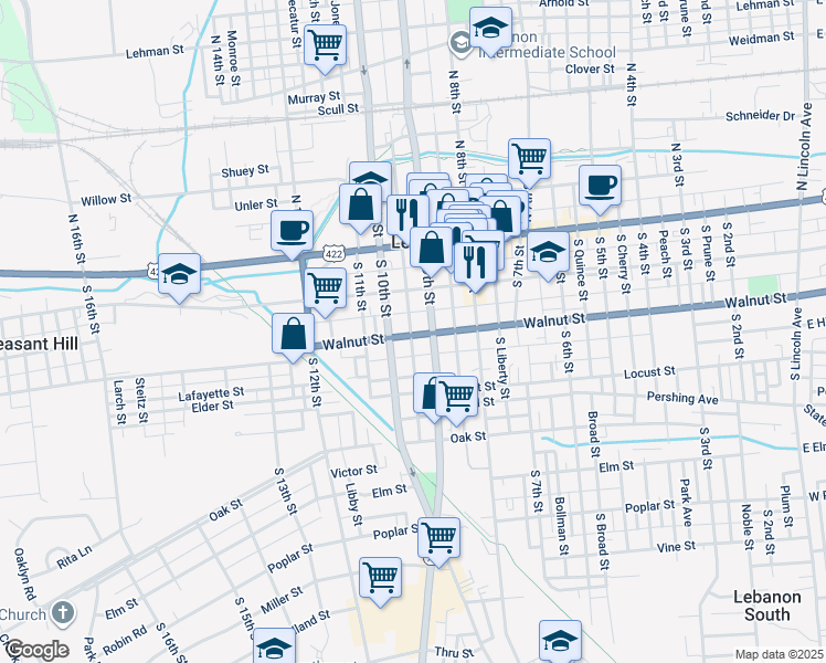 map of restaurants, bars, coffee shops, grocery stores, and more near 917 Walnut Street in Lebanon