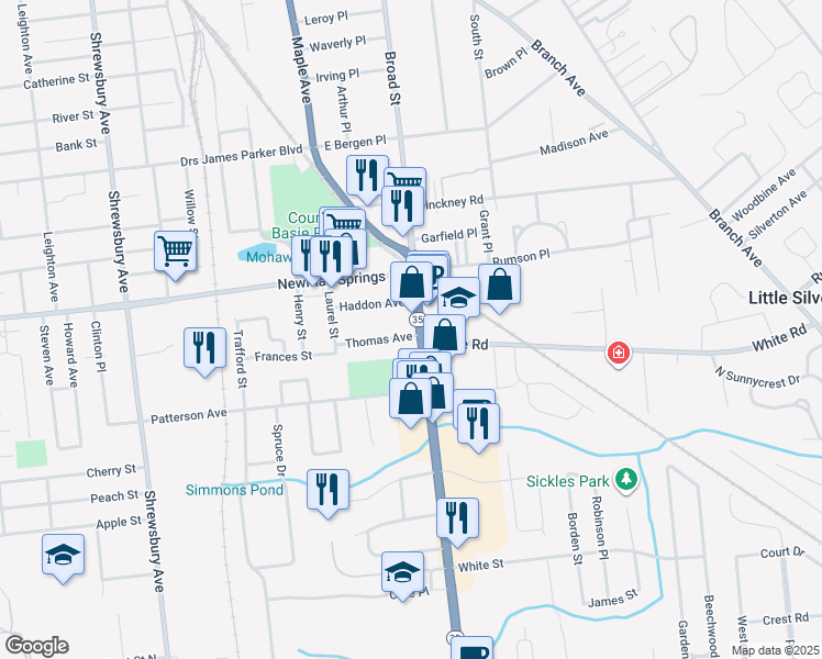 map of restaurants, bars, coffee shops, grocery stores, and more near 456 Broad Street in Shrewsbury