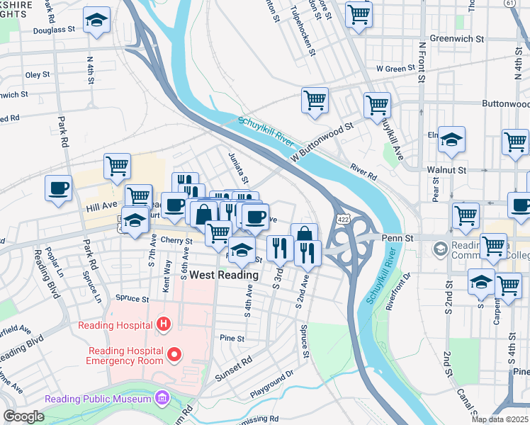 map of restaurants, bars, coffee shops, grocery stores, and more near 313 Reading Avenue in West Reading