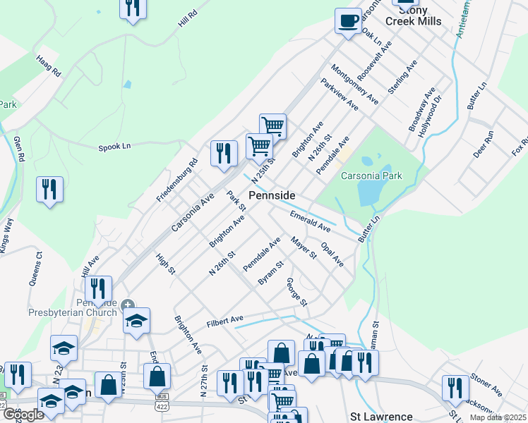 map of restaurants, bars, coffee shops, grocery stores, and more near 102 Mayer Street in Reading