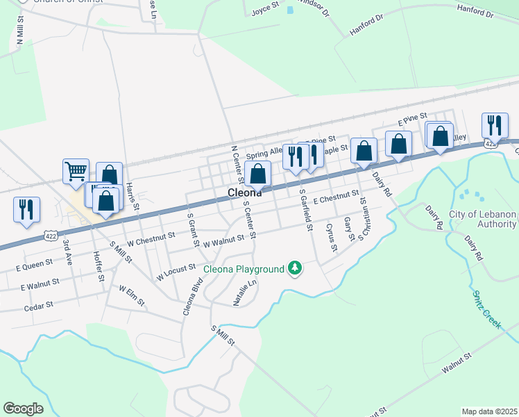 map of restaurants, bars, coffee shops, grocery stores, and more near 17 East Chestnut Street in Cleona