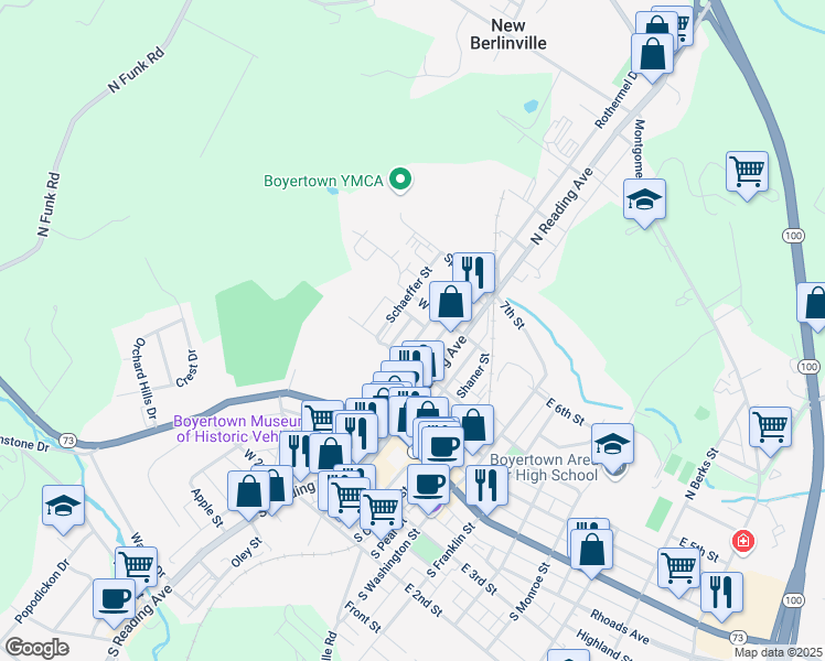 map of restaurants, bars, coffee shops, grocery stores, and more near 140 North Walnut Street in Boyertown