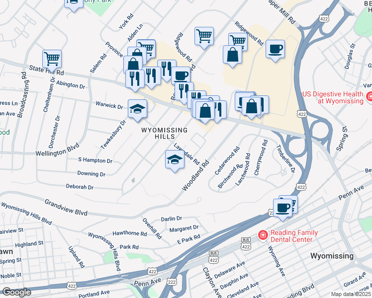 map of restaurants, bars, coffee shops, grocery stores, and more near 17 Lawndale Road in Reading