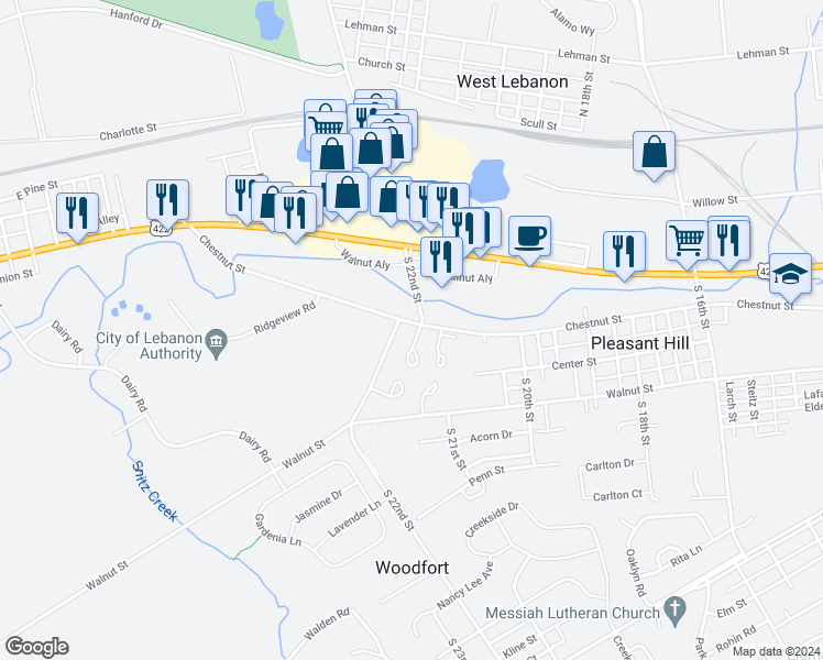 map of restaurants, bars, coffee shops, grocery stores, and more near 103 Millview Court in Lebanon