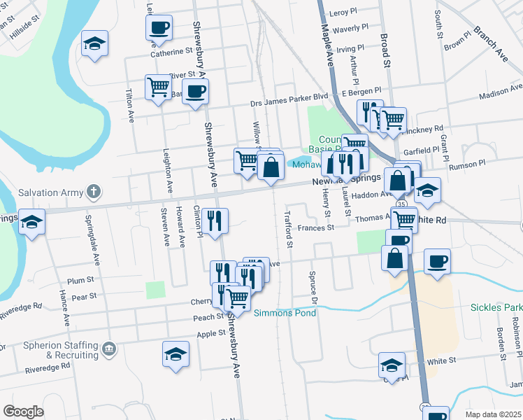 map of restaurants, bars, coffee shops, grocery stores, and more near 179 Newman Springs Road in Shrewsbury