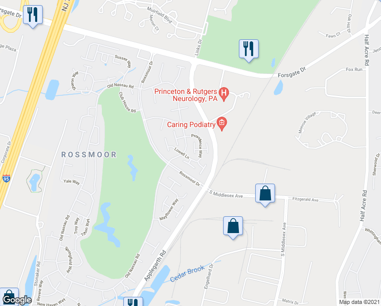map of restaurants, bars, coffee shops, grocery stores, and more near 143B Providence Way in Monroe Township