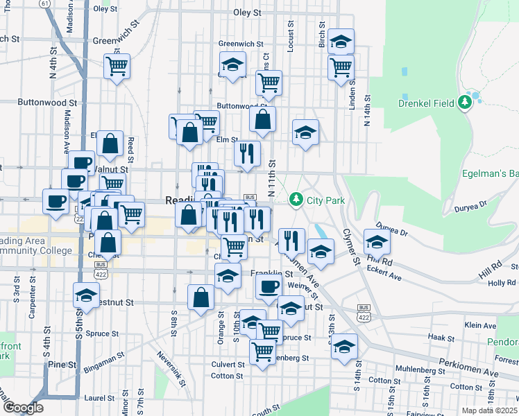 map of restaurants, bars, coffee shops, grocery stores, and more near 44 North 11th Street in Reading