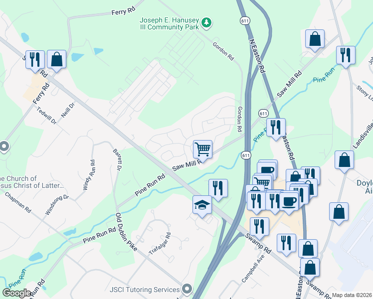 map of restaurants, bars, coffee shops, grocery stores, and more near 4125 Captain Molly Circle in Doylestown