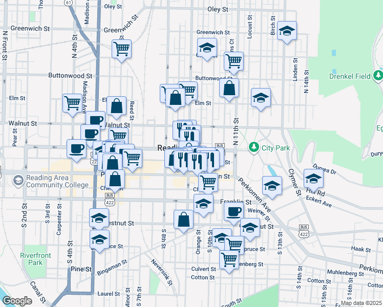 map of restaurants, bars, coffee shops, grocery stores, and more near 42 Moss Street in Reading