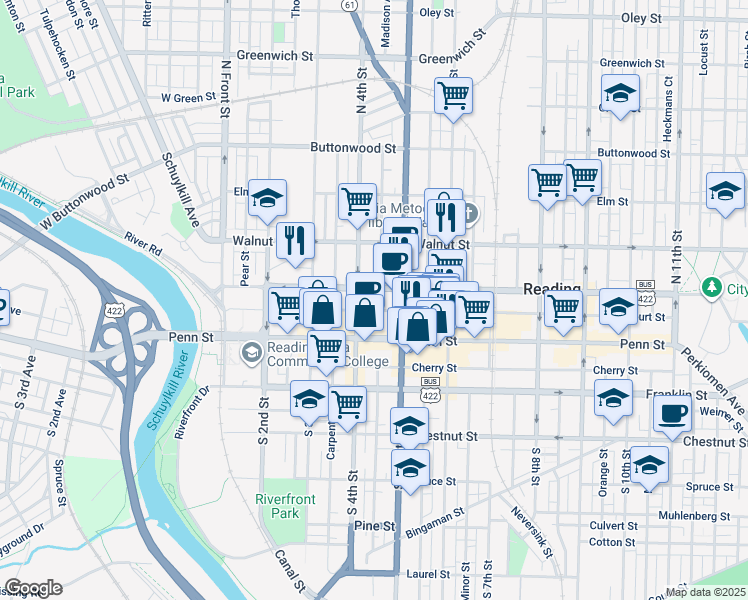 map of restaurants, bars, coffee shops, grocery stores, and more near 435 Court Street in Reading