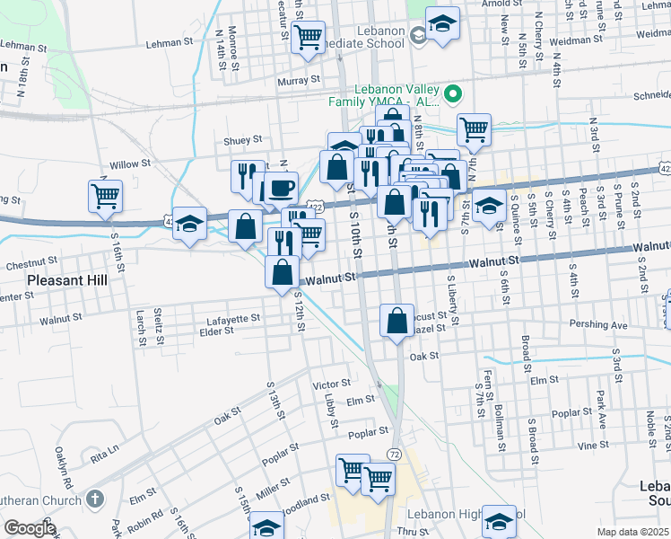 map of restaurants, bars, coffee shops, grocery stores, and more near 1123 Walnut Street in Lebanon
