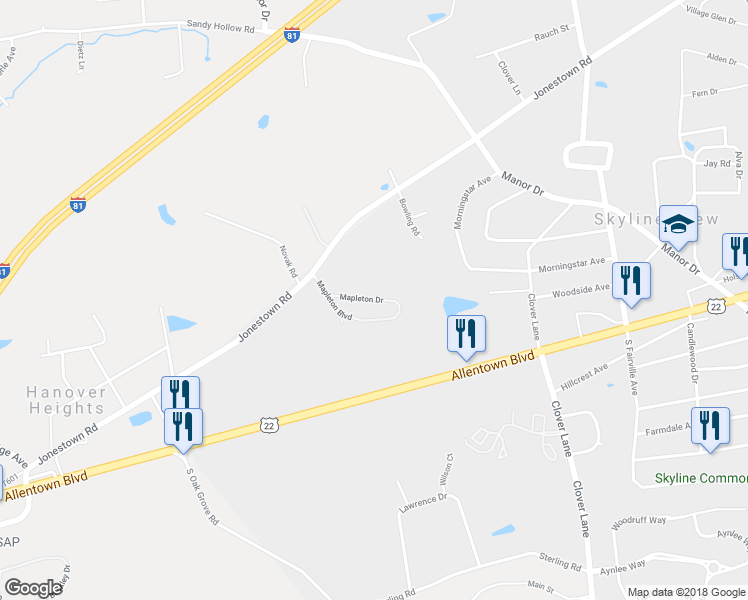 map of restaurants, bars, coffee shops, grocery stores, and more near 179 Mapleton Drive in Skyline View