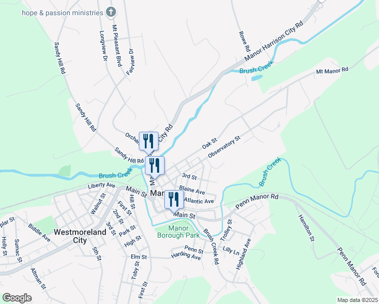 map of restaurants, bars, coffee shops, grocery stores, and more near 45 Oak Street in Manor