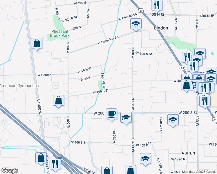 map of restaurants, bars, coffee shops, grocery stores, and more near 570 West 100 South in Lindon