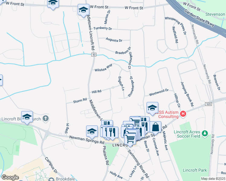 map of restaurants, bars, coffee shops, grocery stores, and more near 14 Hill Road in Middletown Township