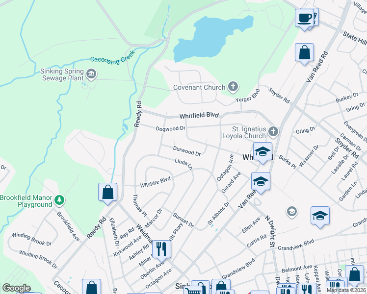 map of restaurants, bars, coffee shops, grocery stores, and more near 1501 Durwood Drive in West Lawn