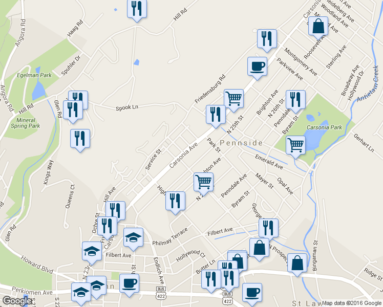 map of restaurants, bars, coffee shops, grocery stores, and more near 613 Carsonia Avenue in Reading
