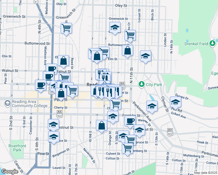 map of restaurants, bars, coffee shops, grocery stores, and more near 912 Washington Street in Reading
