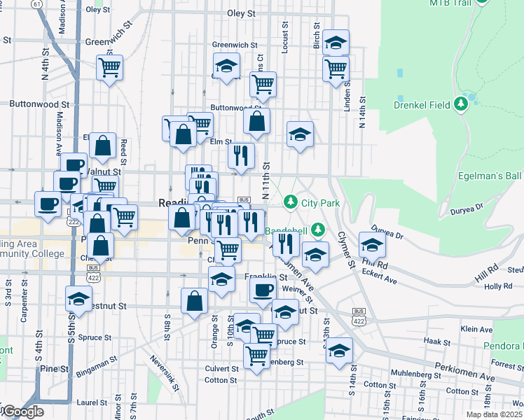 map of restaurants, bars, coffee shops, grocery stores, and more near 48 North 11th Street in Reading