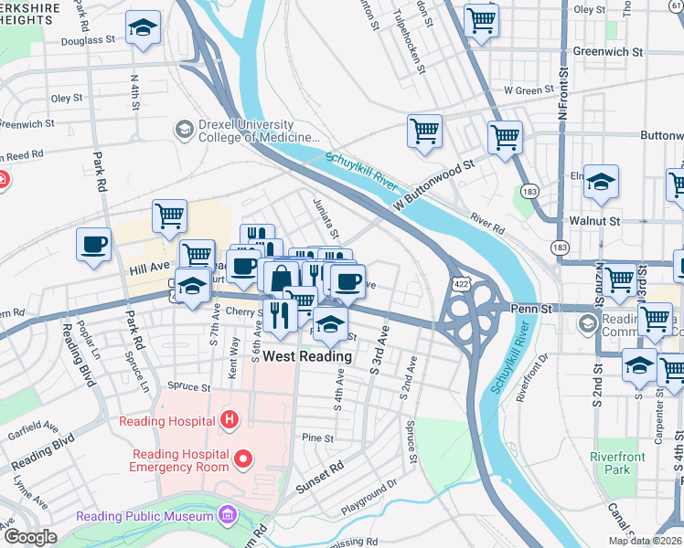 map of restaurants, bars, coffee shops, grocery stores, and more near 414 Reading Avenue in West Reading