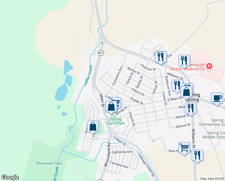 map of restaurants, bars, coffee shops, grocery stores, and more near 310 Poplar Street in Roaring Spring