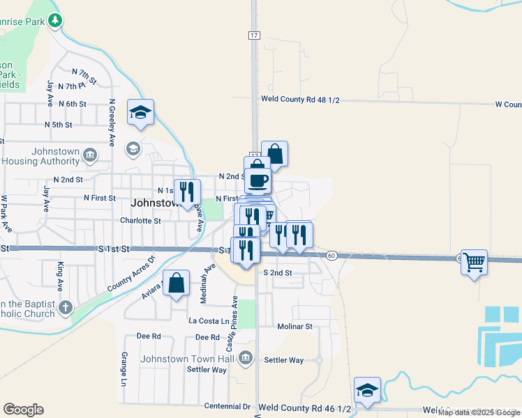 map of restaurants, bars, coffee shops, grocery stores, and more near 17 North Parish Avenue in Johnstown