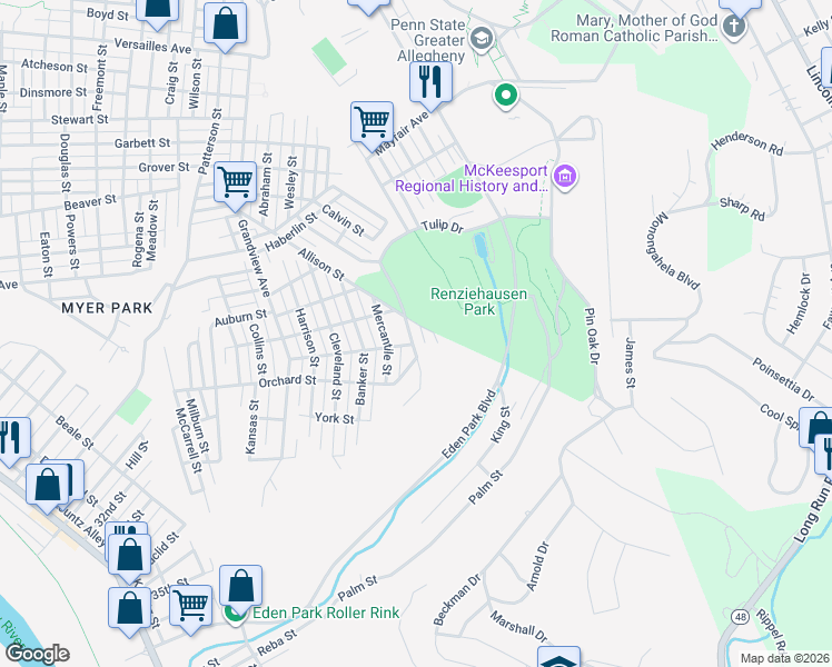 map of restaurants, bars, coffee shops, grocery stores, and more near 2407 Easler Street in McKeesport