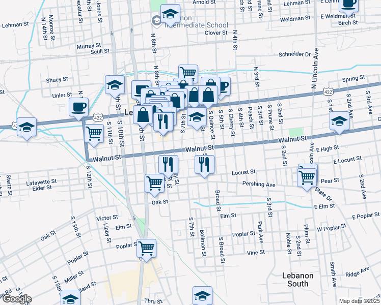 map of restaurants, bars, coffee shops, grocery stores, and more near 634 Walnut Street in Lebanon